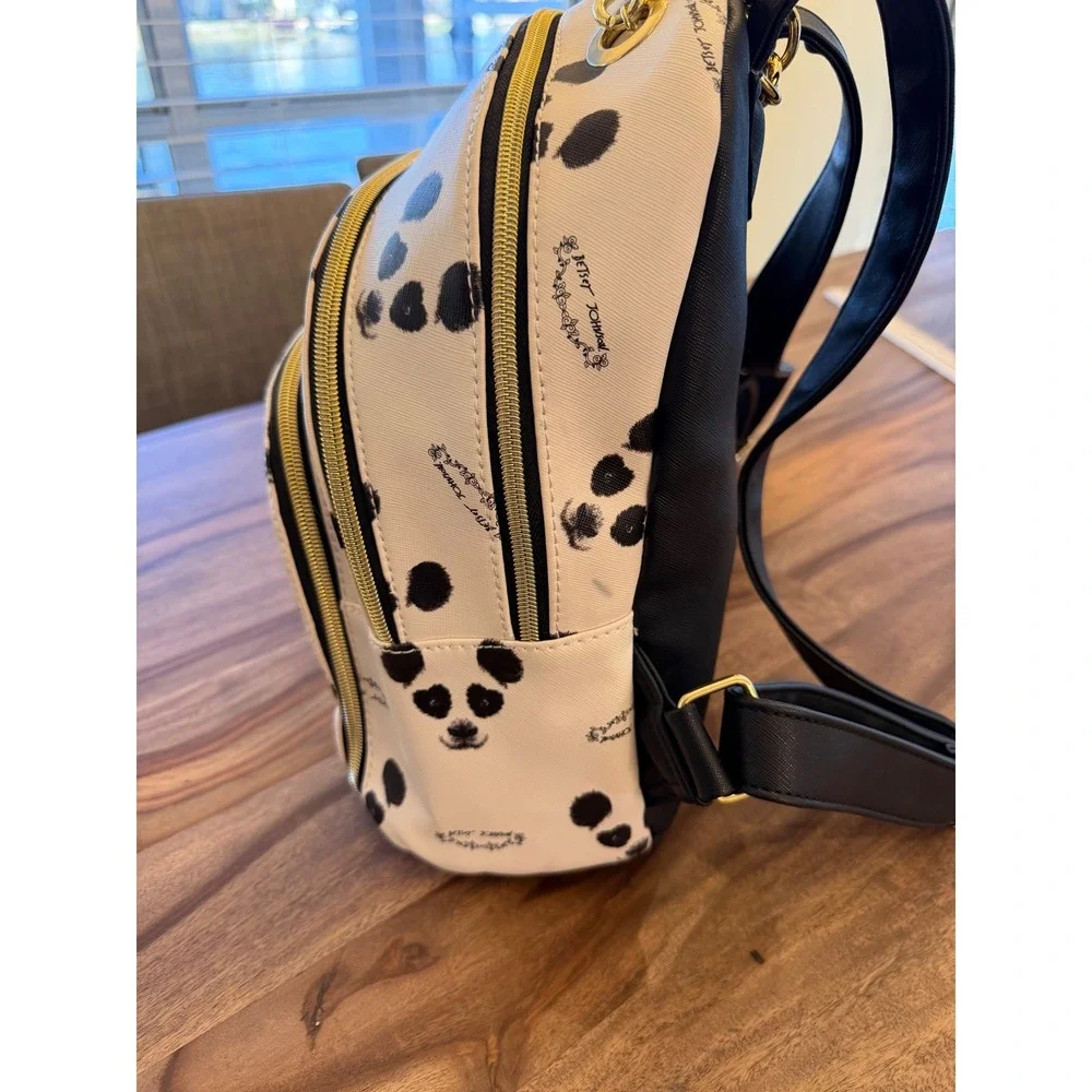 Betsey Johnson Panda Print Mini Backpack White Black Gold Chain Handle Floral